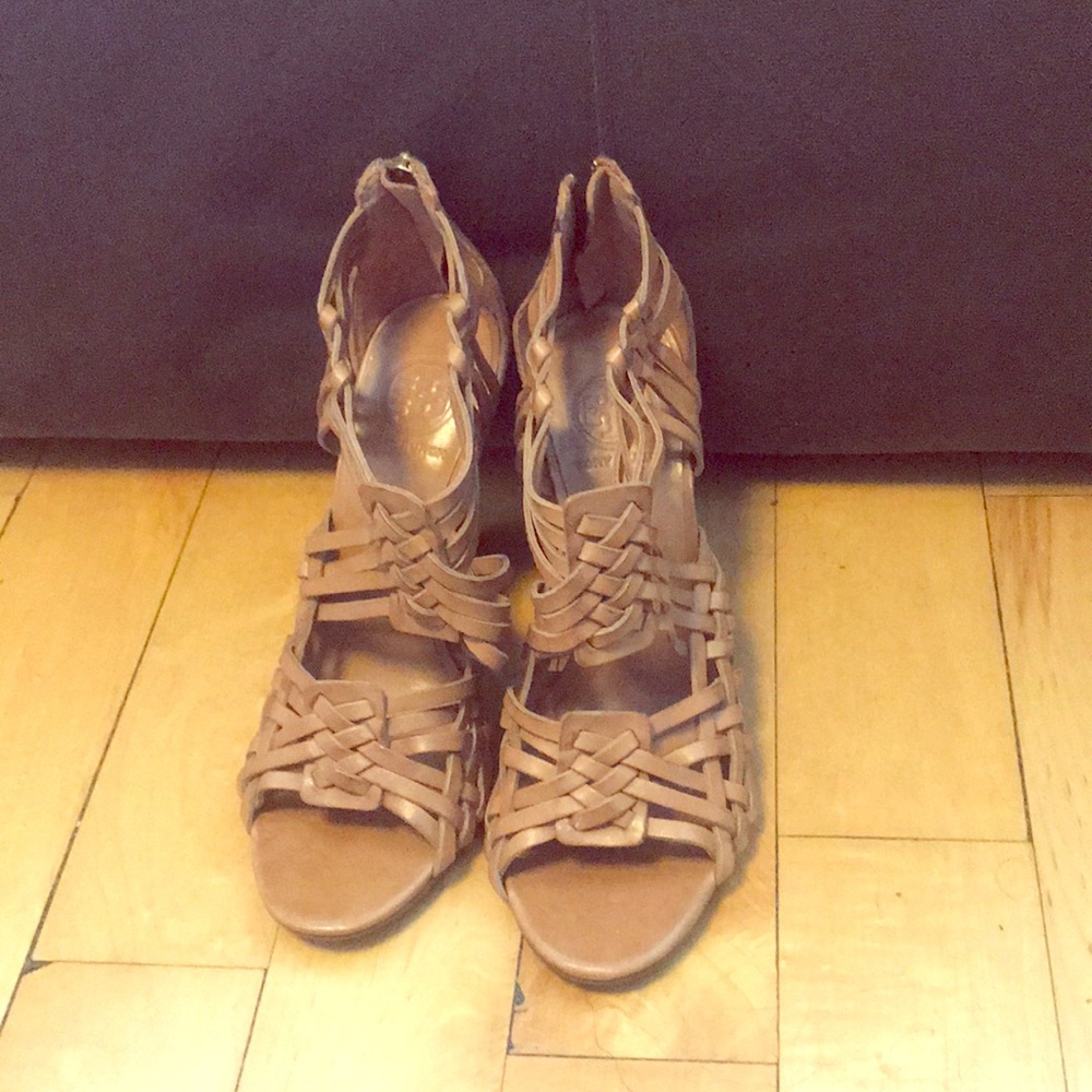 Tory Burch tan woven camello leather wedge sandal